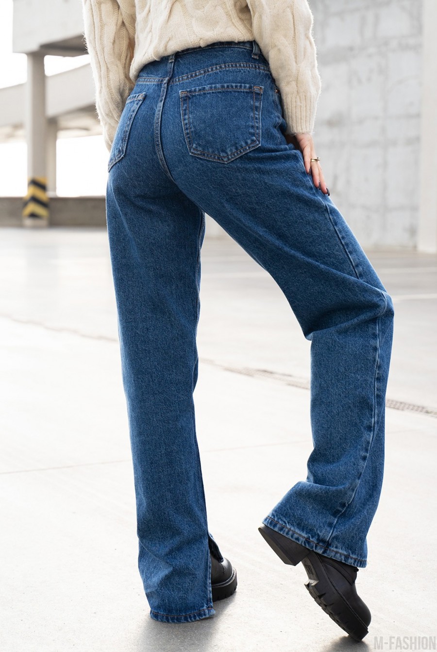 Синие широкие джинсы с разрезами- Фото 3