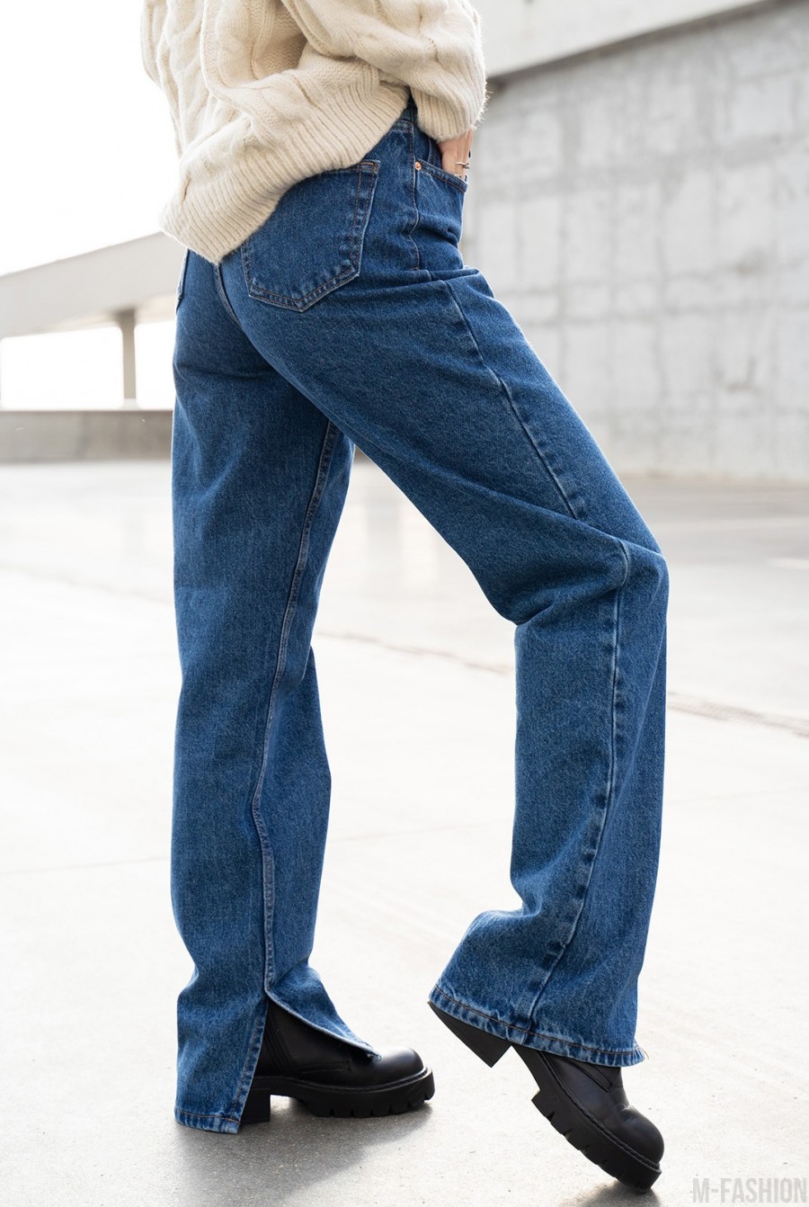 Синие широкие джинсы с разрезами- Фото 2