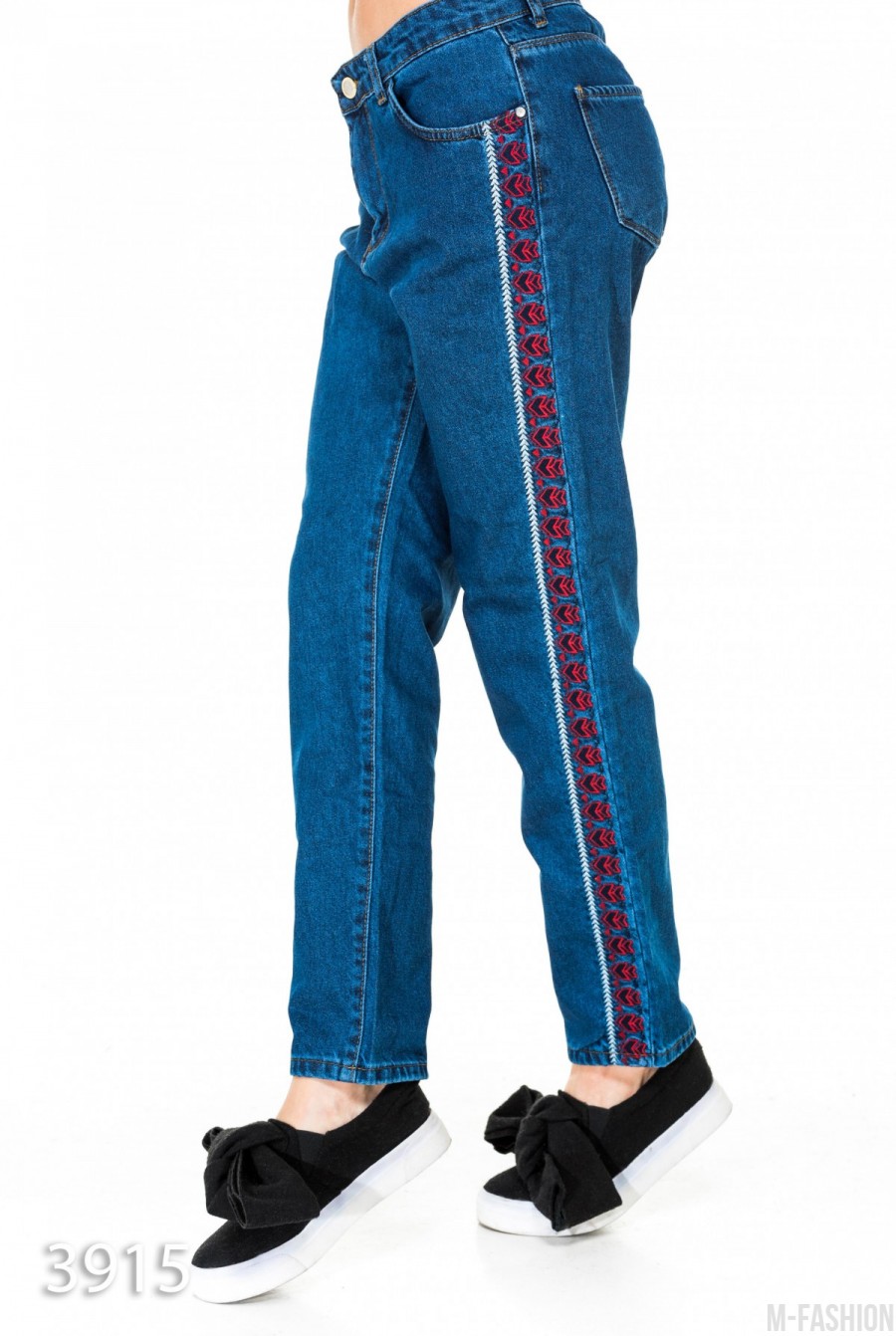 Синие джинсы-трубы с вышитым орнаментом по бокам- Фото 2