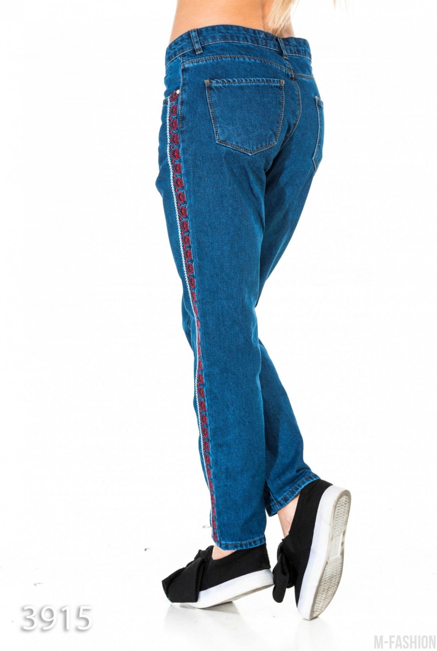 Синие джинсы-трубы с вышитым орнаментом по бокам- Фото 3