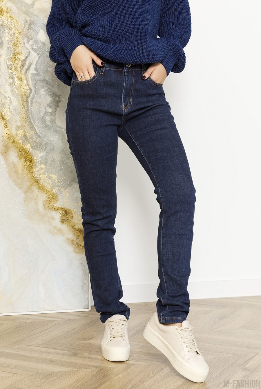 Синие стрейчевые джинсы скинни на флисе - Фото 1