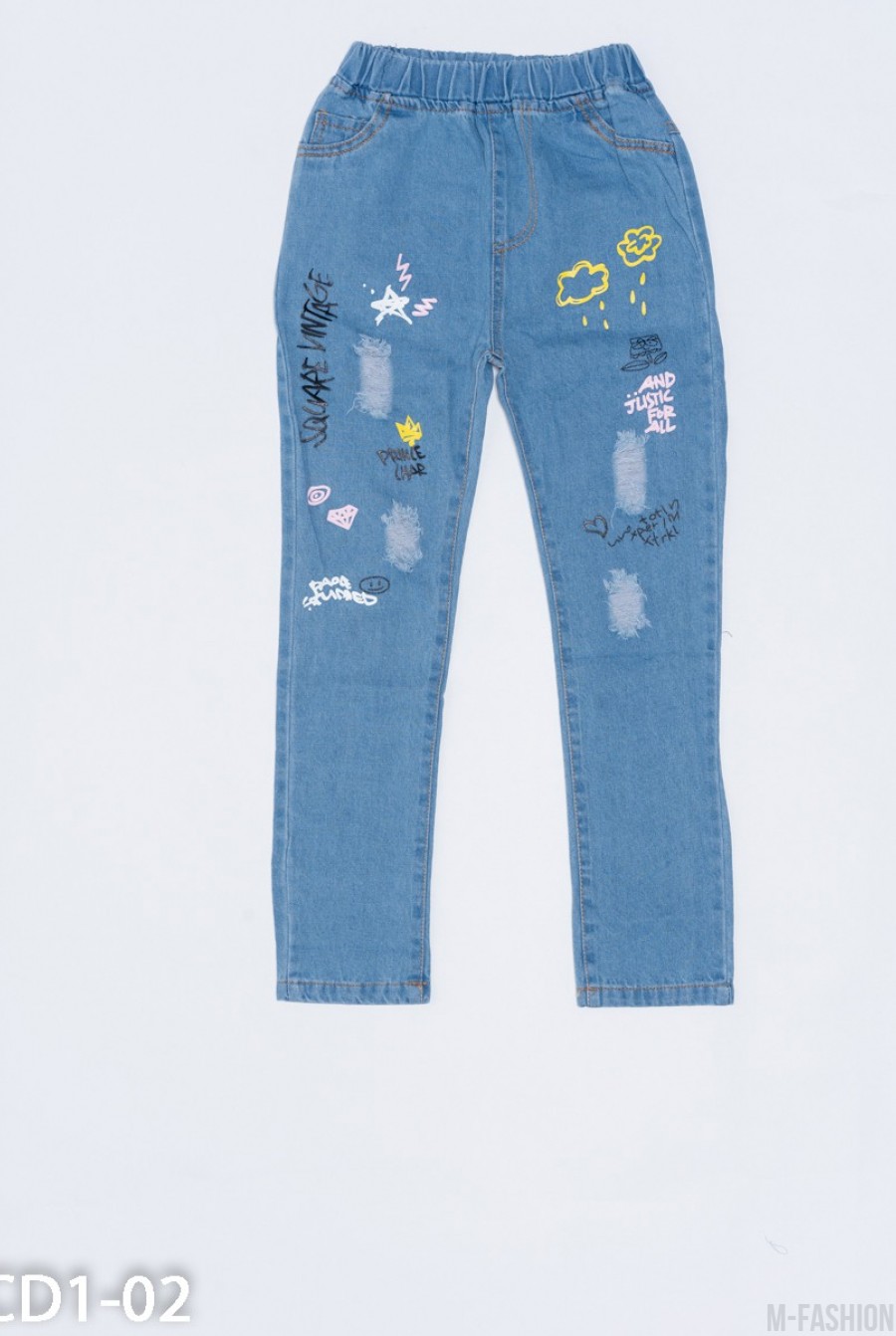 Голубые рваные джинсы с принтом - Фото 1