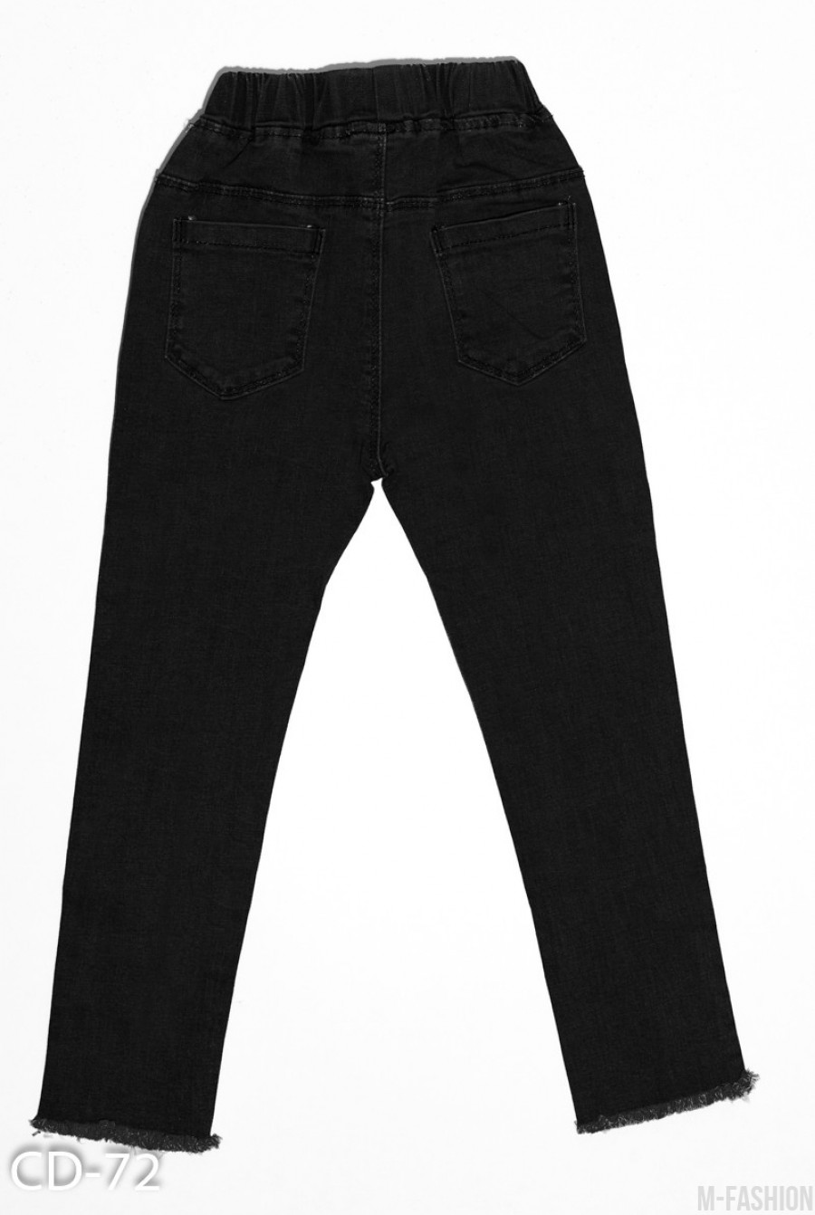 Черные джинсы с рваной перфорацией и бахромой по низу- Фото 3