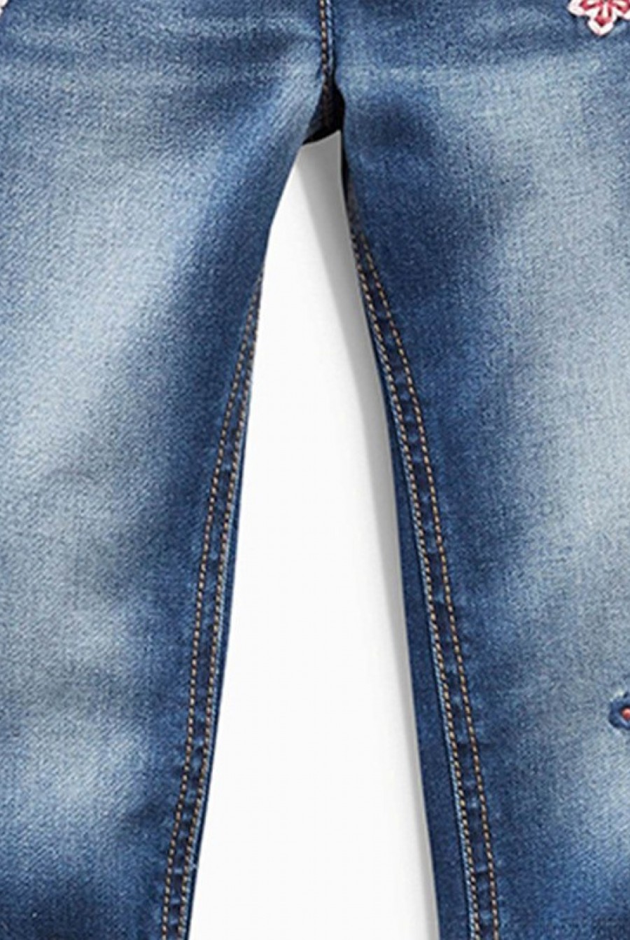 Утепленные синие джинсы-стрейч на флисе с аппликациями- Фото 3