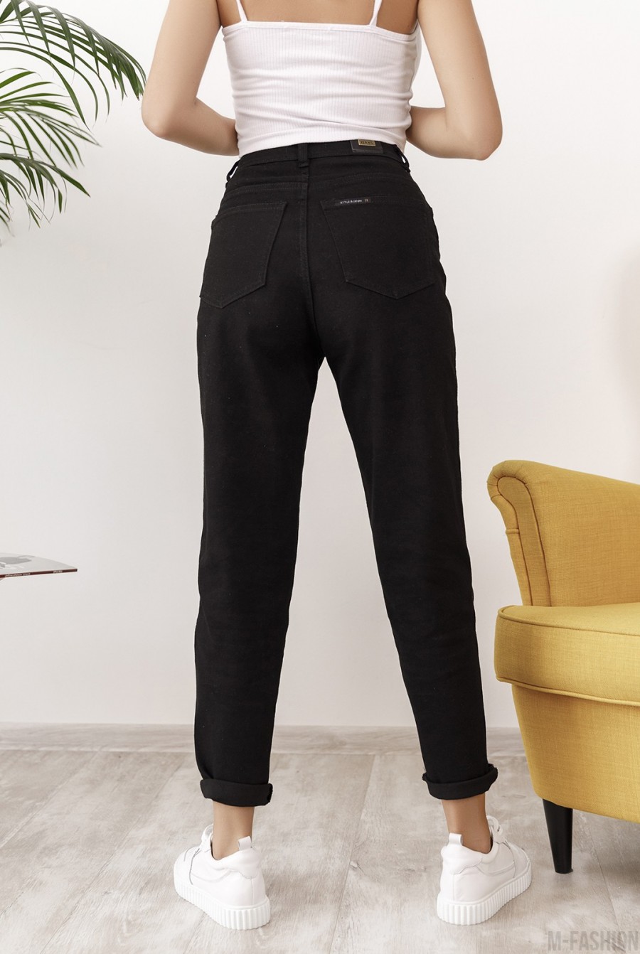 Черные однотонные джинсы с высокой посадкой- Фото 3