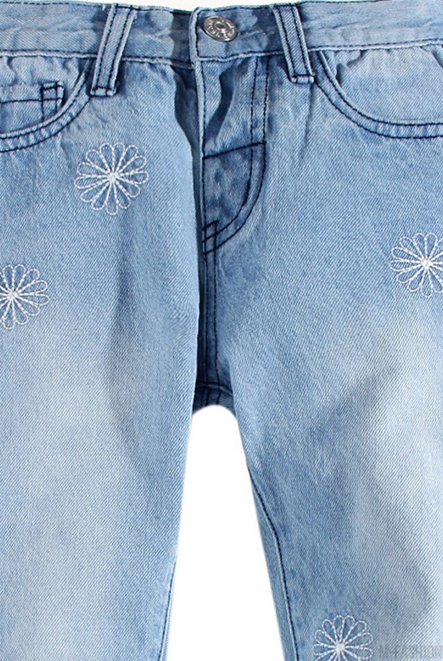 Голубые джинсы с потертостями и вышивкой- Фото 2