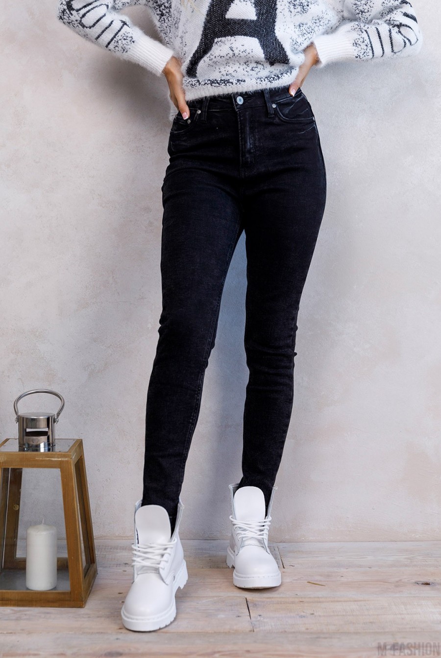 Черные потертые джинсы скинни на флисе - Фото 1
