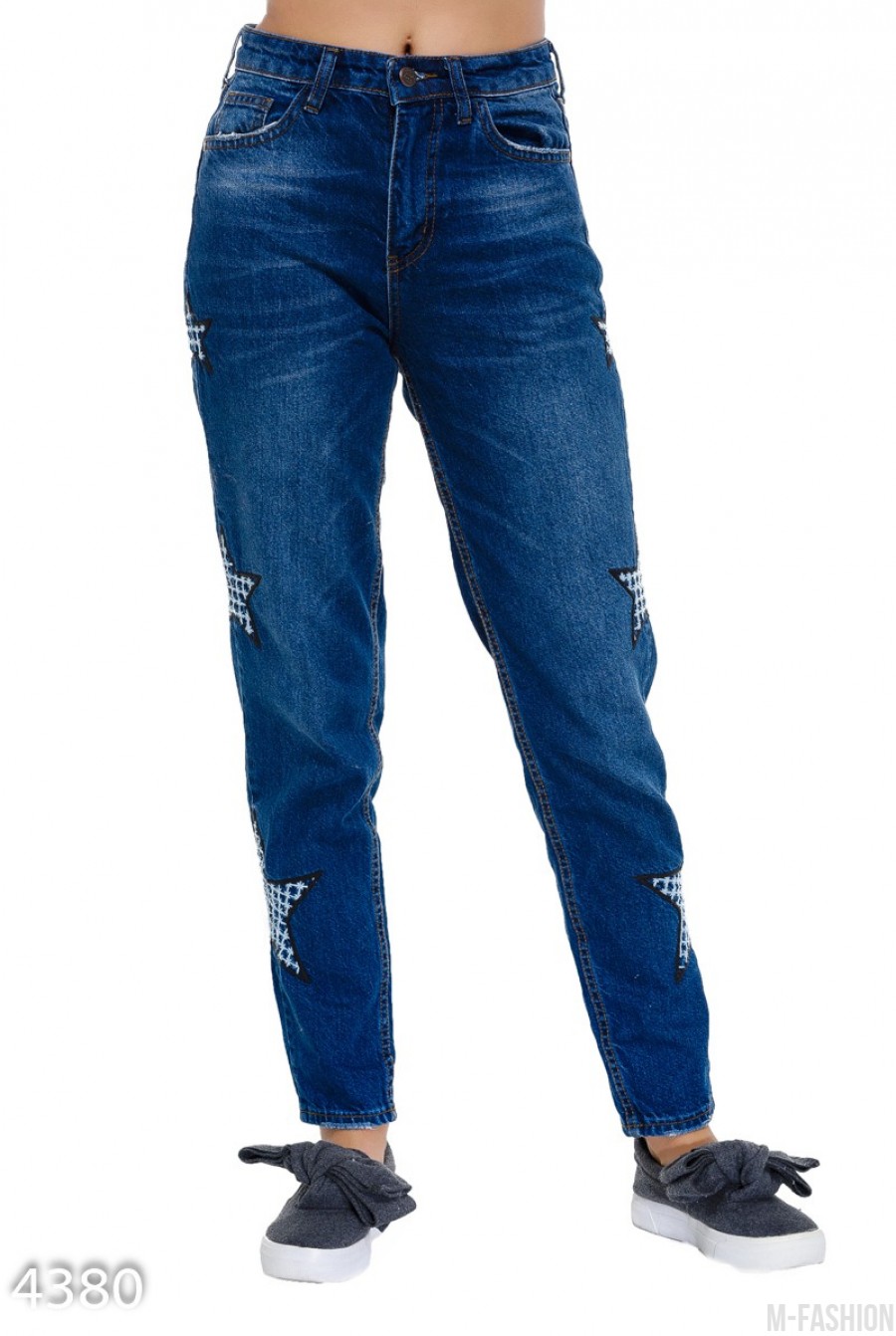 Синие джинсы с клетчатыми звездами по бокам - Фото 1