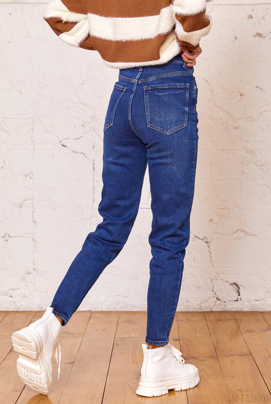 Синие утепленные флисом джинсы слим мом- Фото 3