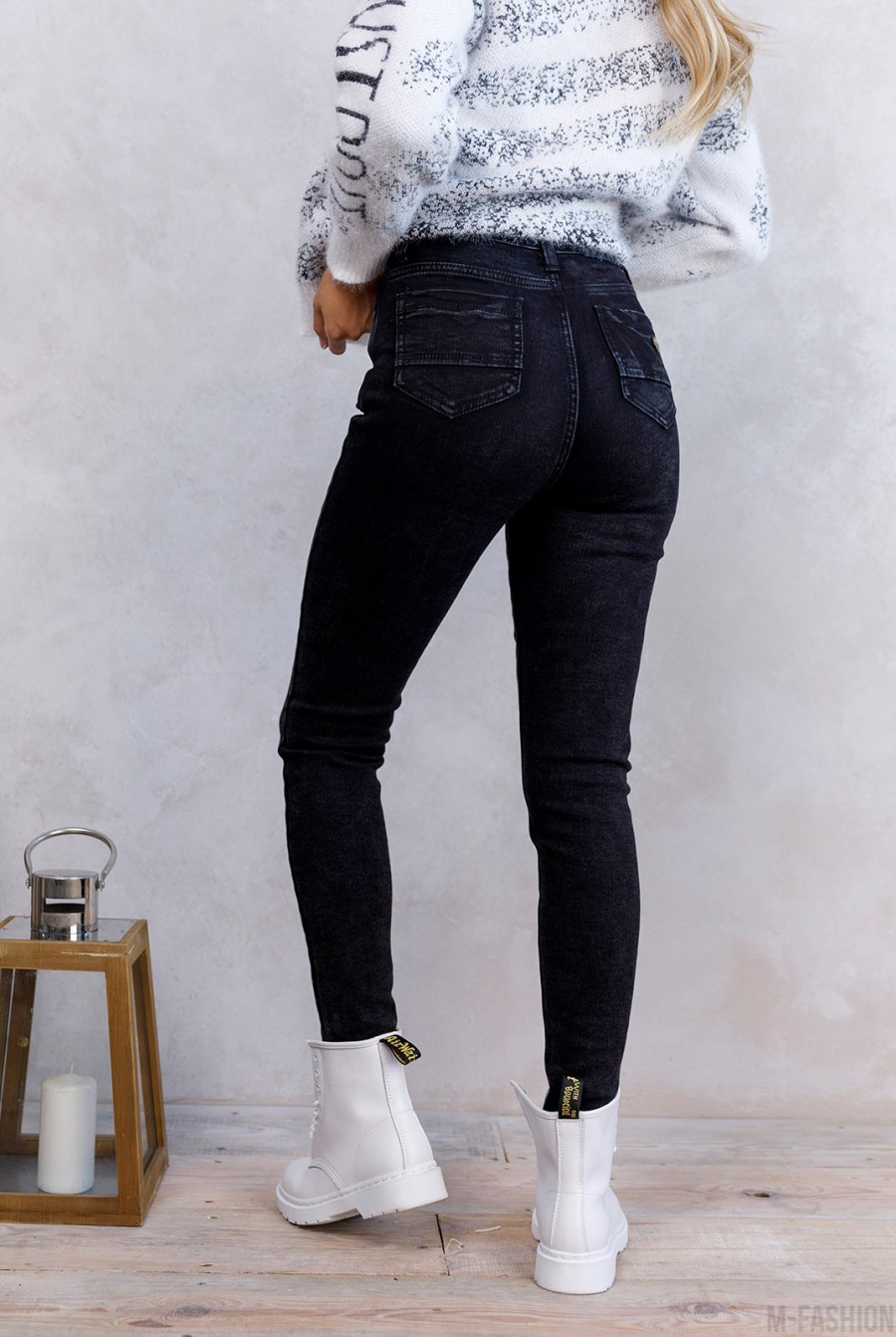 Черные потертые джинсы скинни на флисе- Фото 3