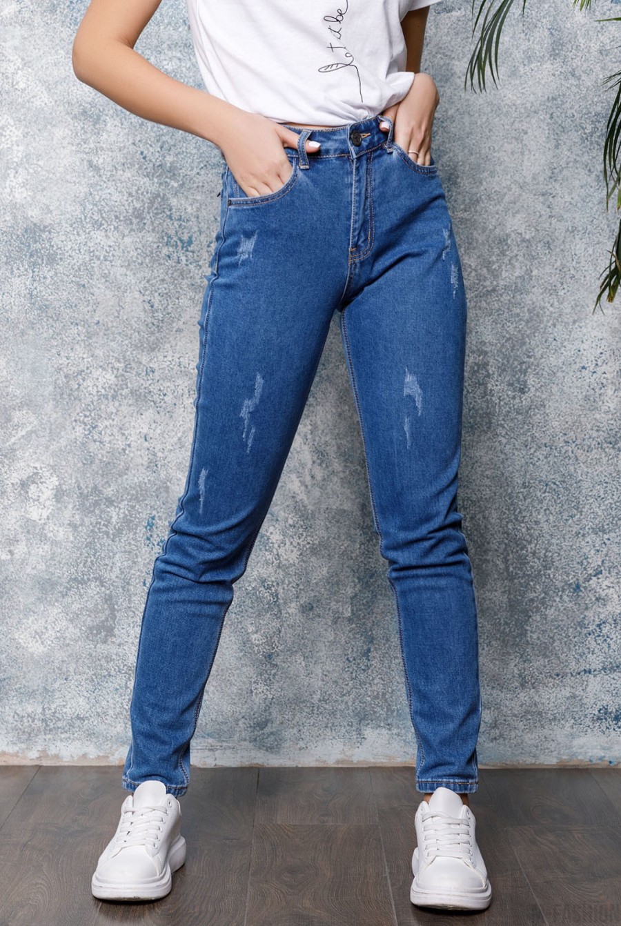Синие джинсы скинни с перфорацией - Фото 1