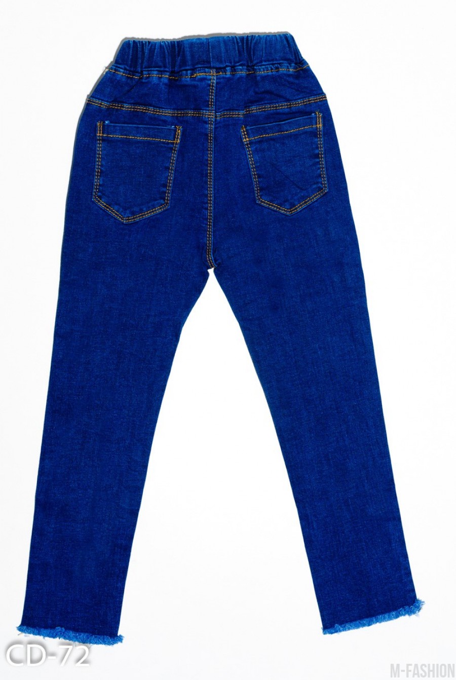Синие джинсы с рваной перфорацией и бахромой по низу- Фото 2