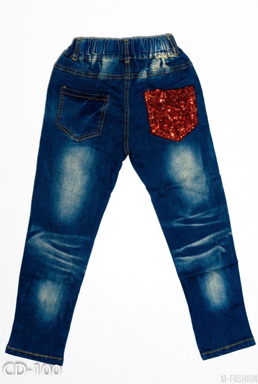Синие джинсы с карманом из пайеток, потертостями и перфорацией- Фото 2
