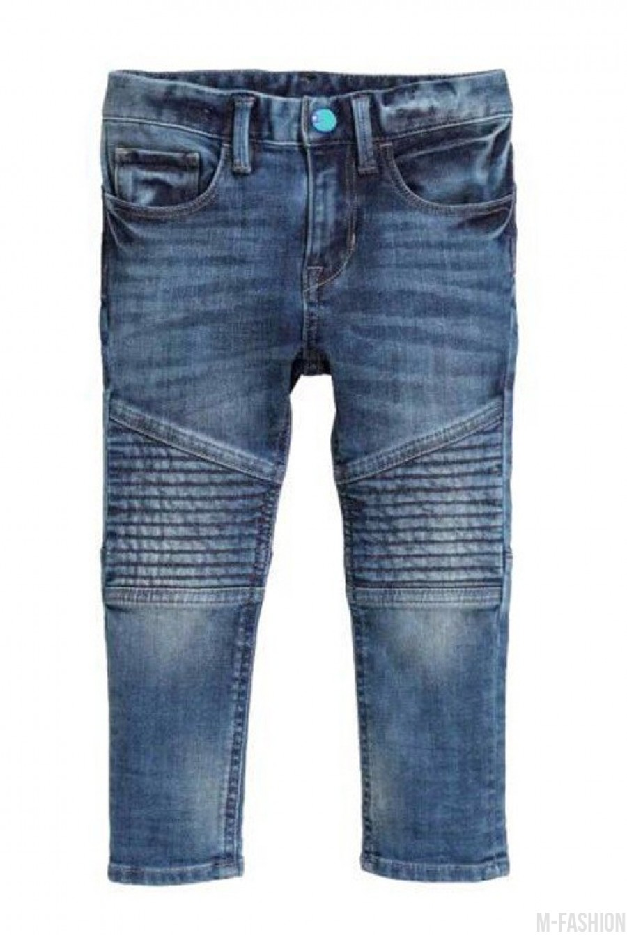 Потертые джинсы с прошитыми ассиметричными вставками на коленях - Фото 1