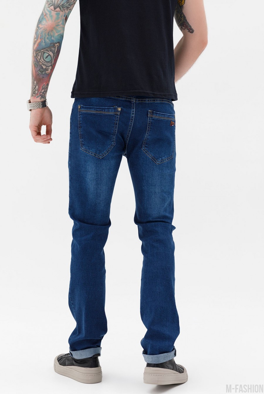 Синие потертые джинсы классического кроя- Фото 3