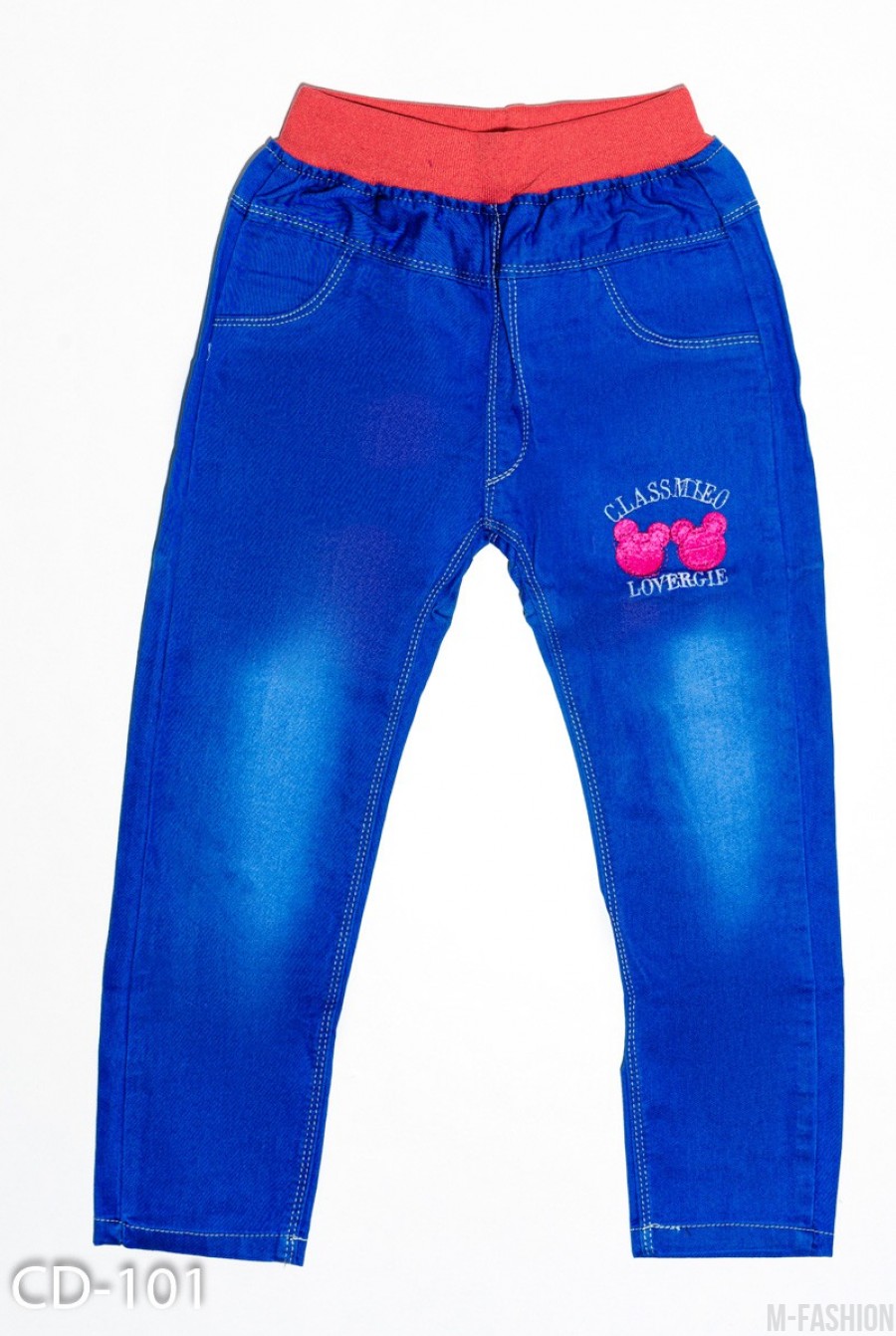 Синие тонкие джинсы на резинке с аппликациями - Фото 1
