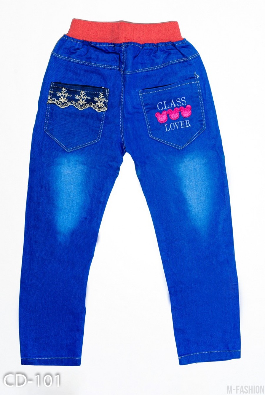 Синие тонкие джинсы на резинке с аппликациями- Фото 3