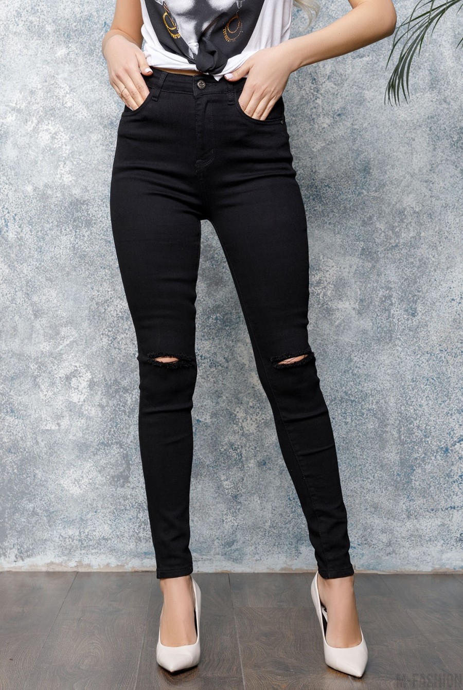 Черные рваные джинсы скинни - Фото 1