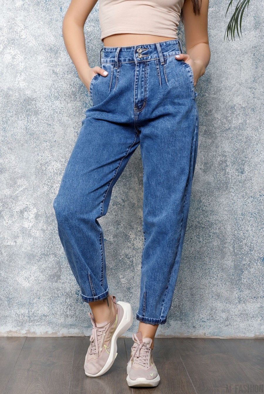 Синие свободные джинсы со сборками - Фото 1