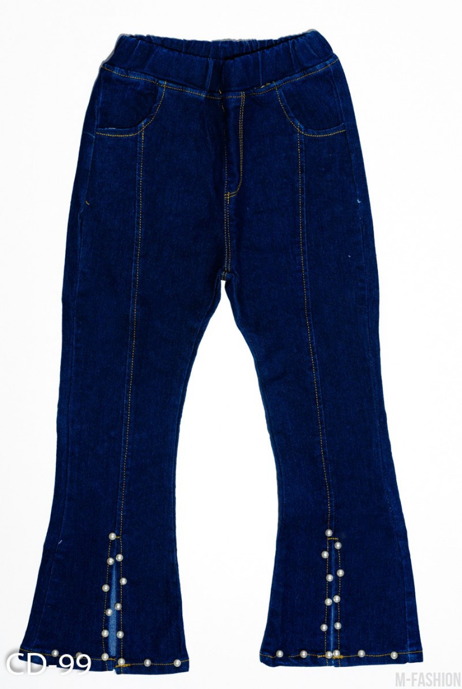 Синие джинсы модели клеш с клиньями и бусинами - Фото 1