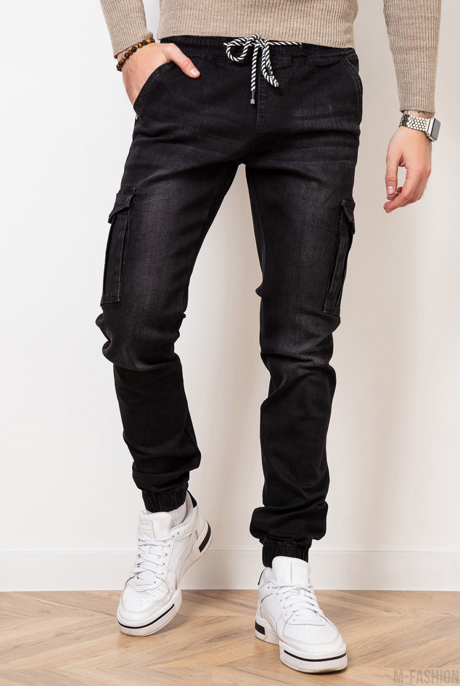 Черные джинсы карго на резинках - Фото 1