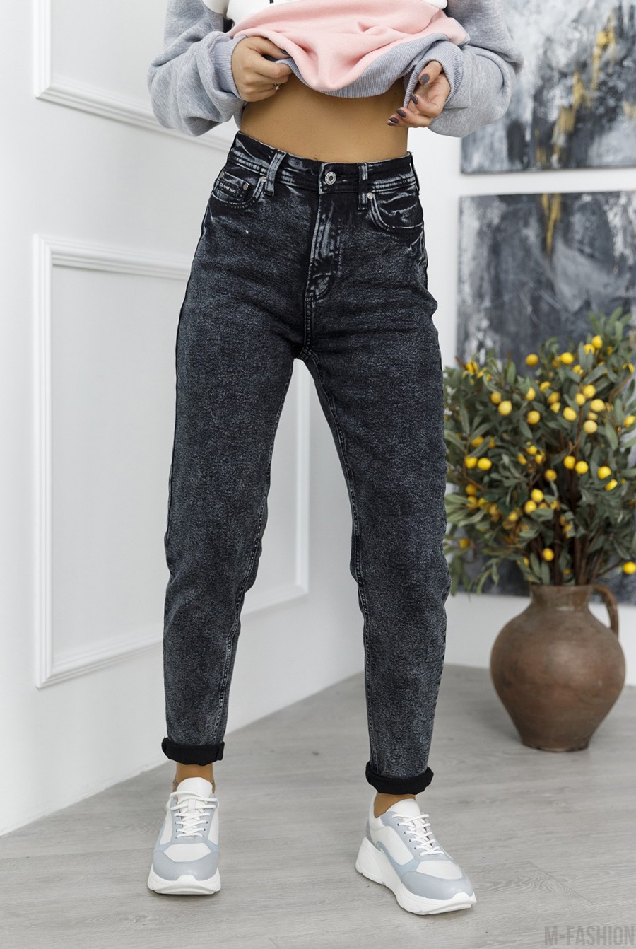Серые джинсы модели Слим Мом - Фото 1