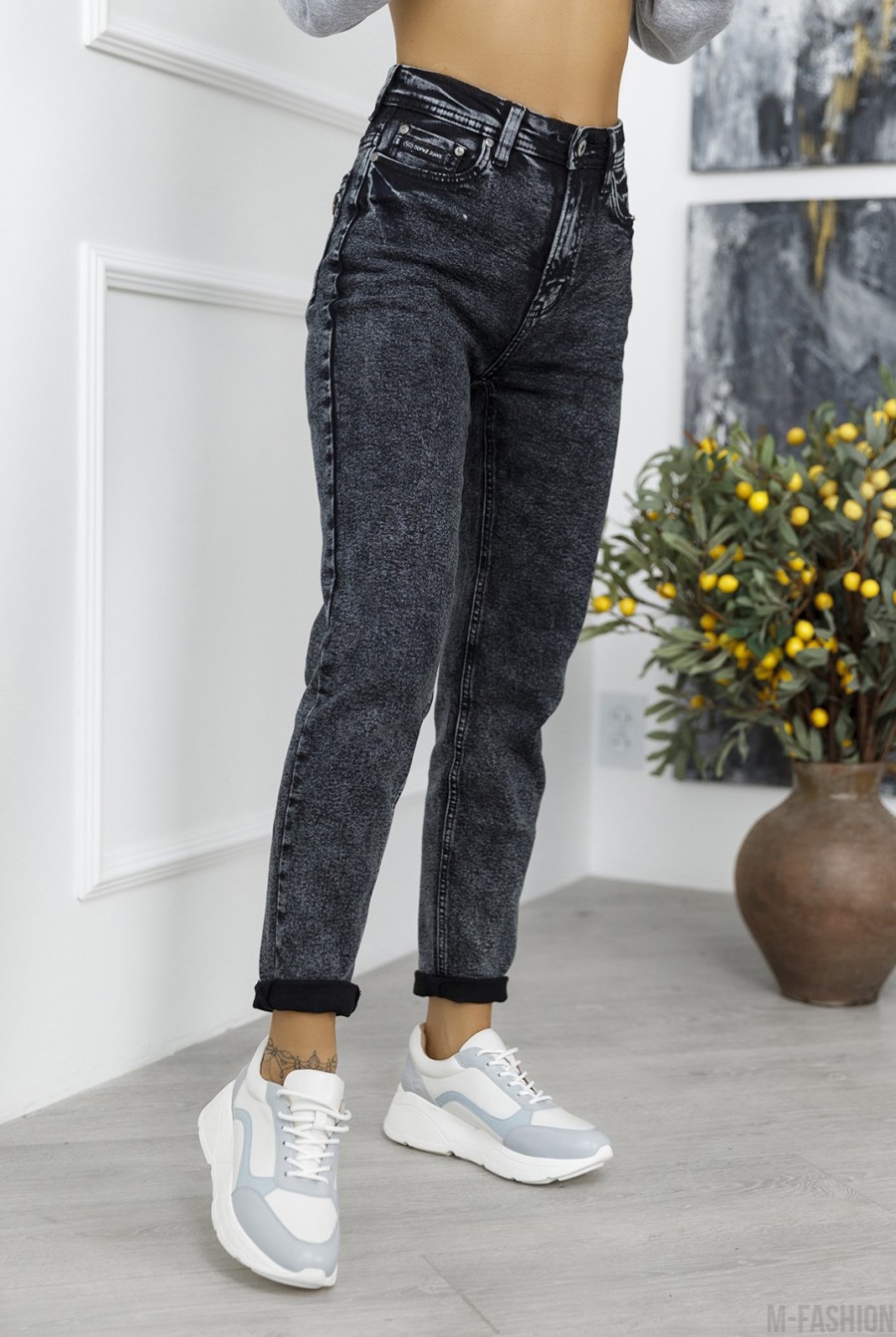 Серые джинсы модели Слим Мом- Фото 2