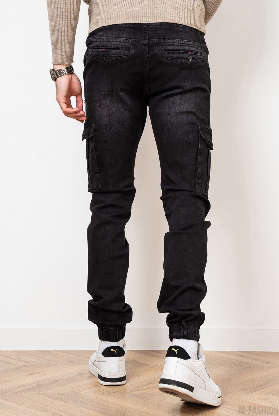 Черные джинсы карго на резинках- Фото 3