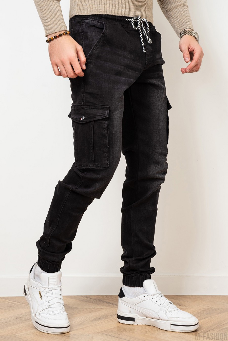 Черные джинсы карго на резинках- Фото 2