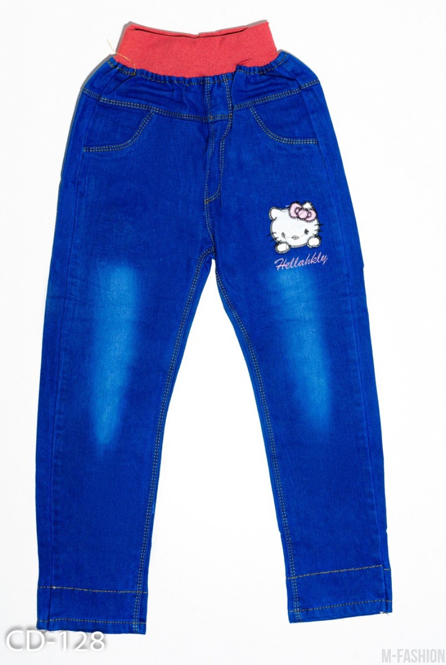 Синие джинсы на розовой резинке с нашивками и потертостями - Фото 1