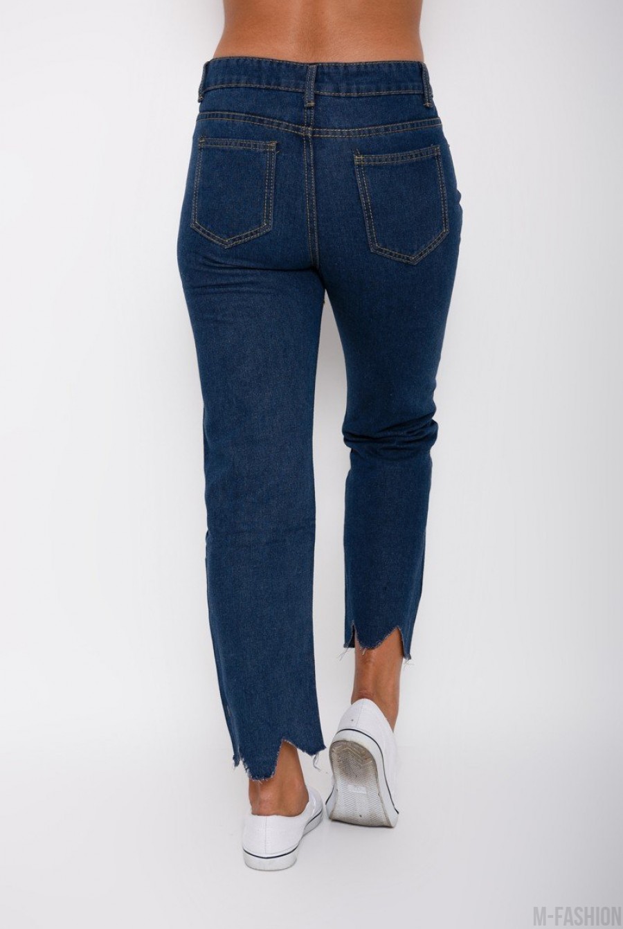 Синие укороченные джинсы с грубым срезом- Фото 3