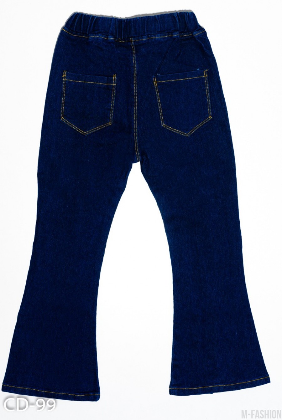 Синие джинсы модели клеш с клиньями и бусинами- Фото 2