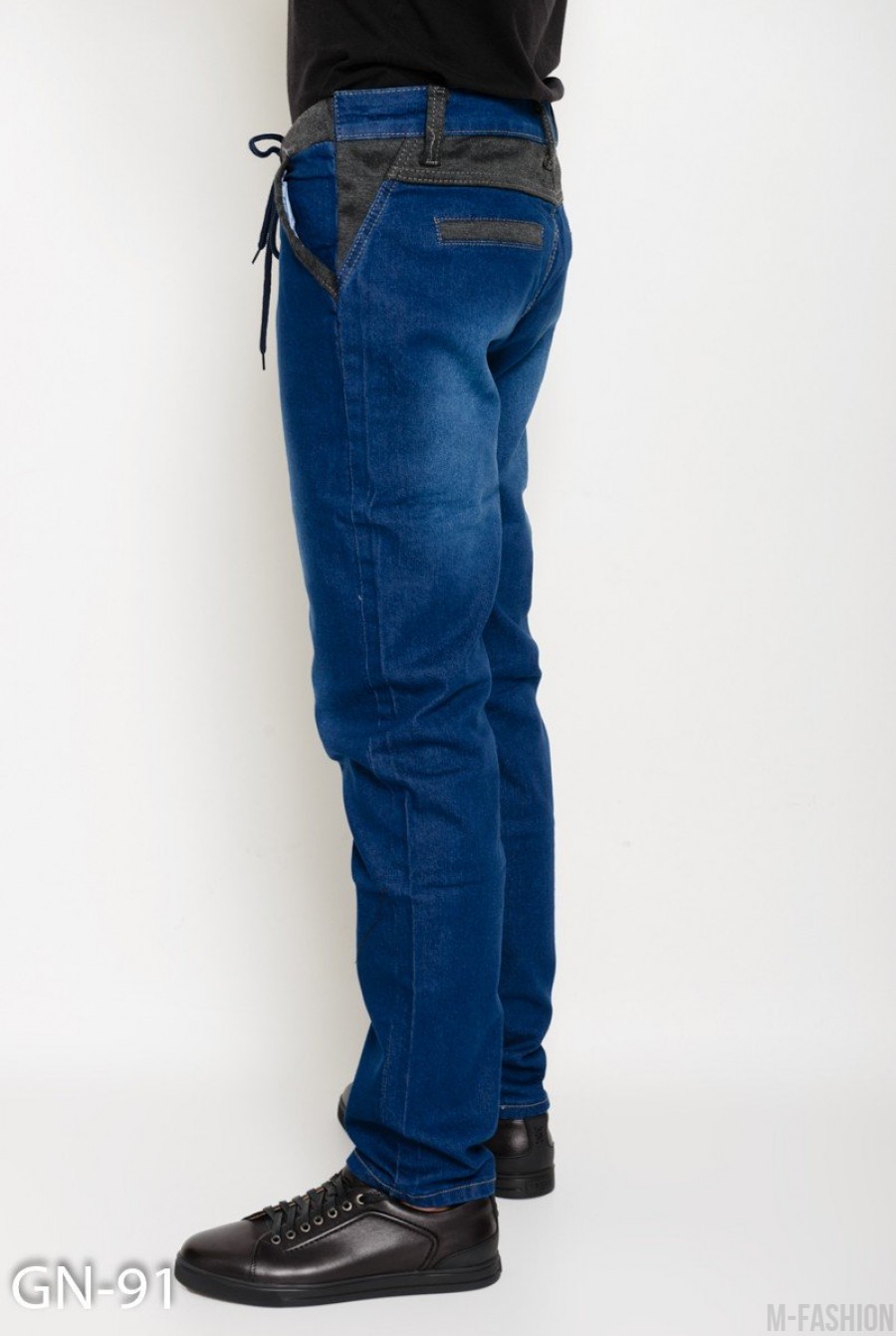 Синие прямые джинсы на резинке с трикотажными вставками- Фото 2