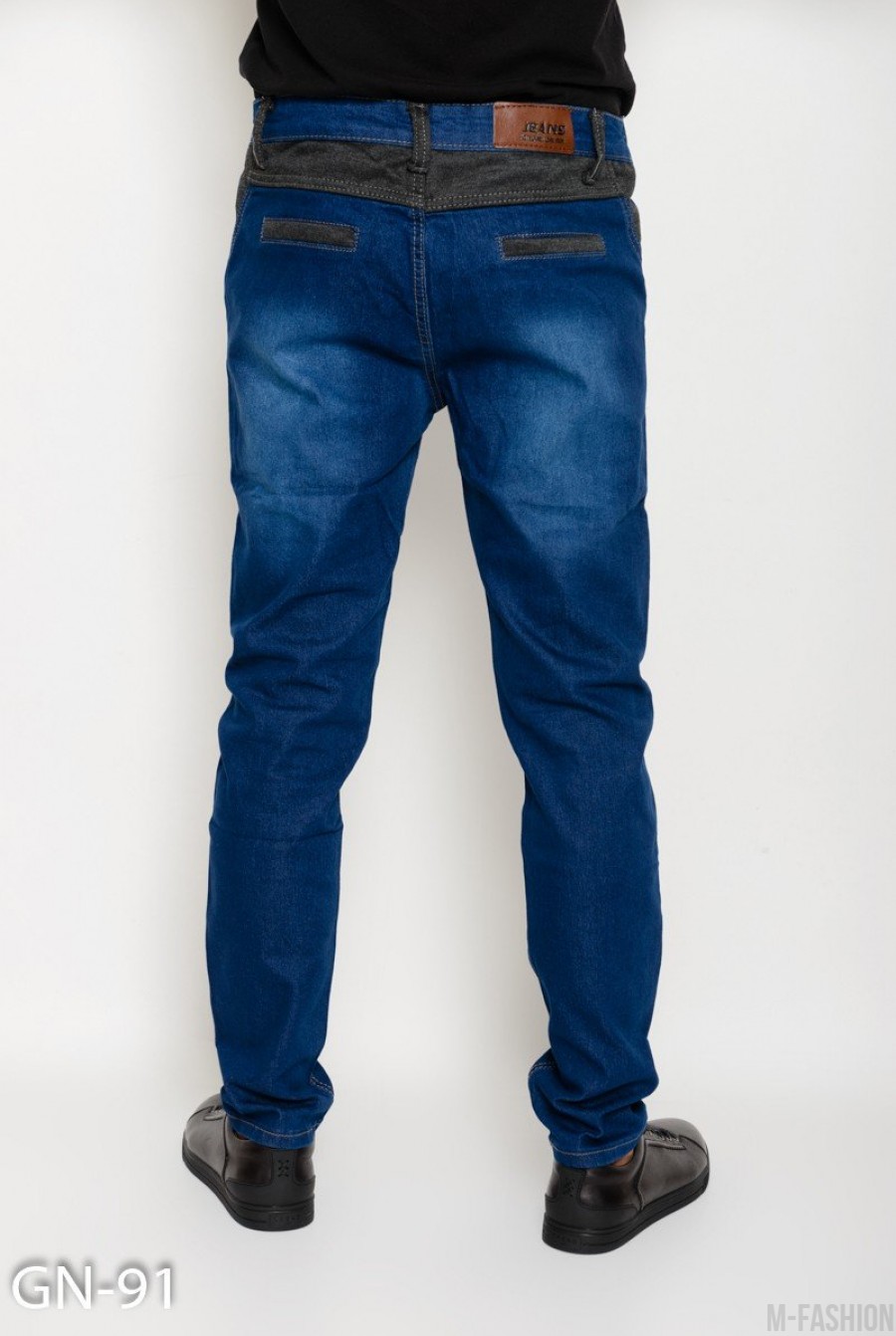 Синие прямые джинсы на резинке с трикотажными вставками- Фото 3