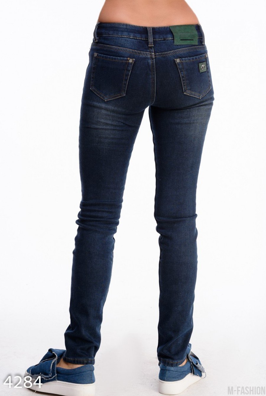 Синие утепленные джинсы скинни с низкой посадкой- Фото 3