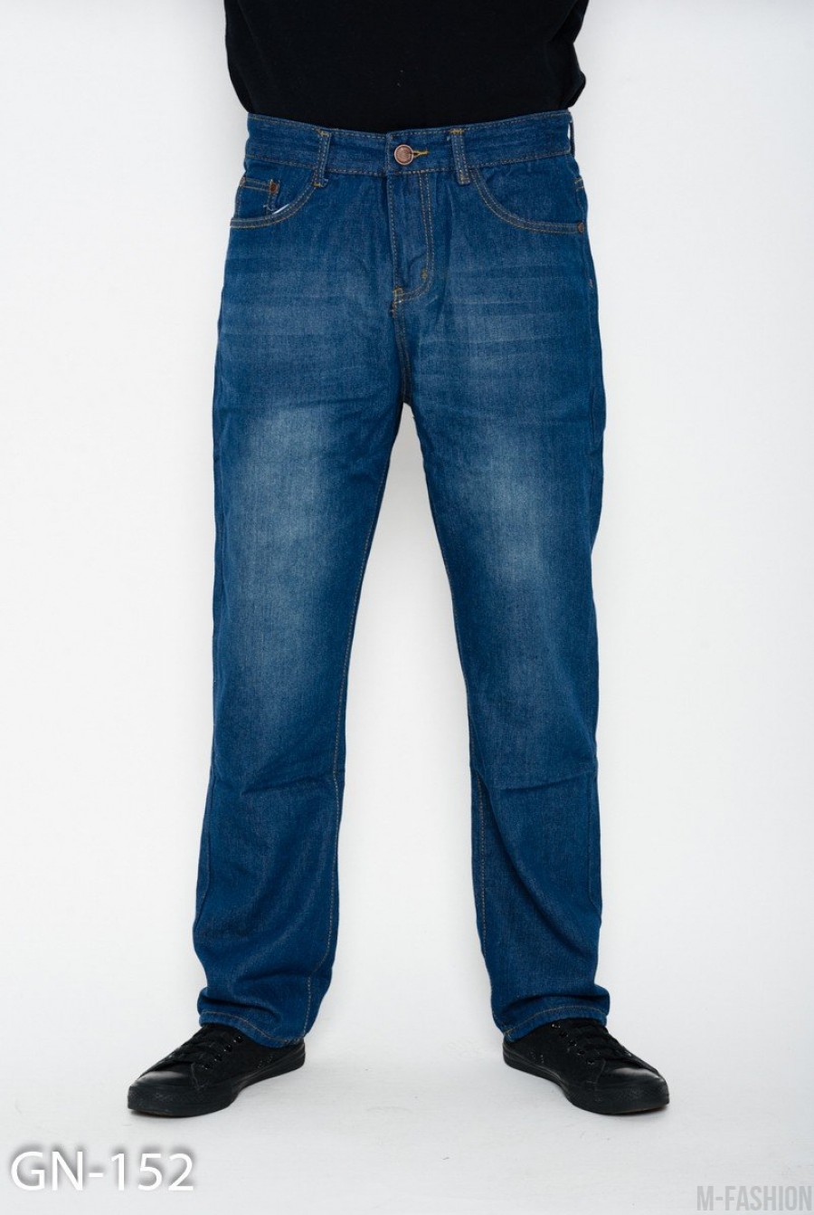 Синие потертые классические джинсы прямого кроя - Фото 1