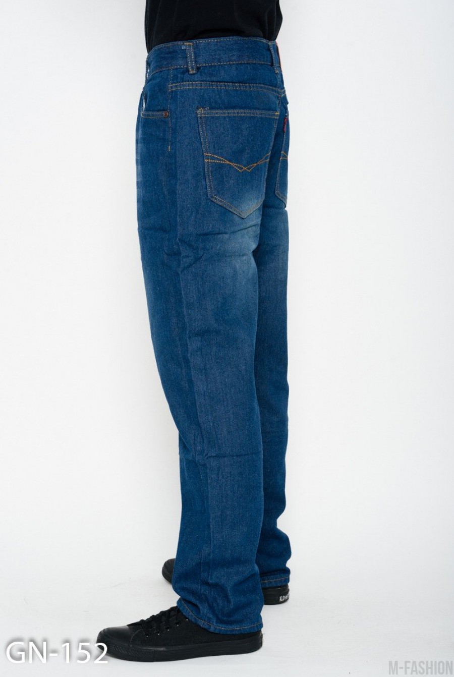 Синие потертые классические джинсы прямого кроя- Фото 2