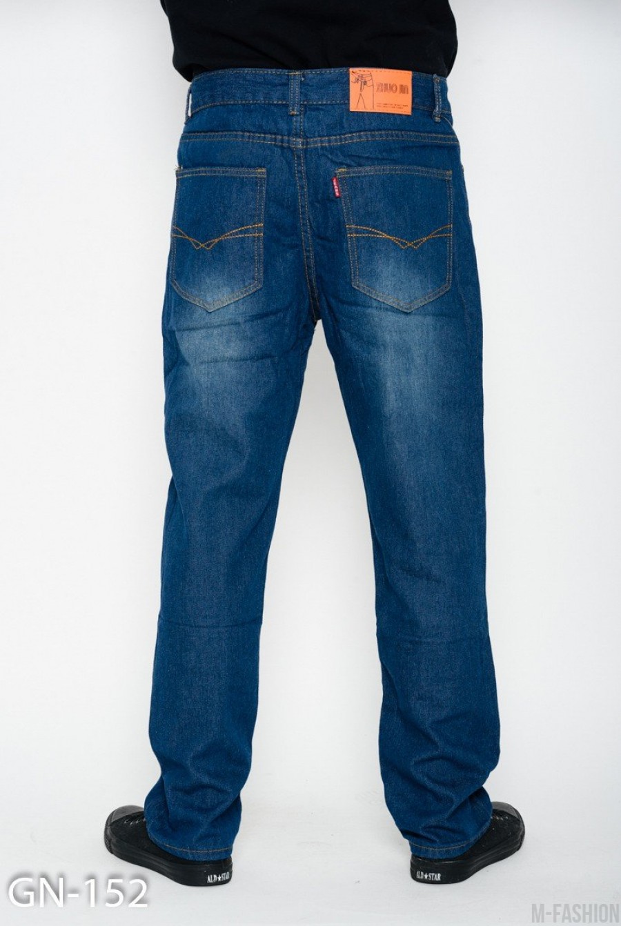Синие потертые классические джинсы прямого кроя- Фото 3