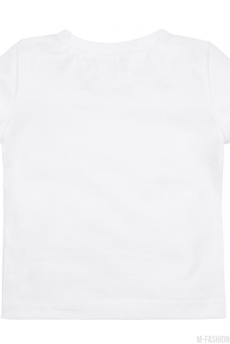 Белая котоновая футболка с короткими рукавами и принтом- Фото 4