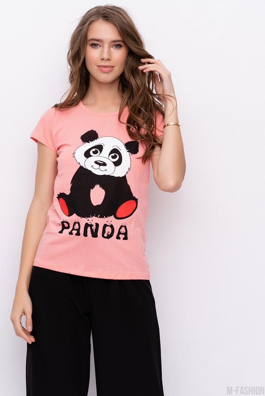 Персиковая хлопковая футболка с принтом в виде панды - Фото 1