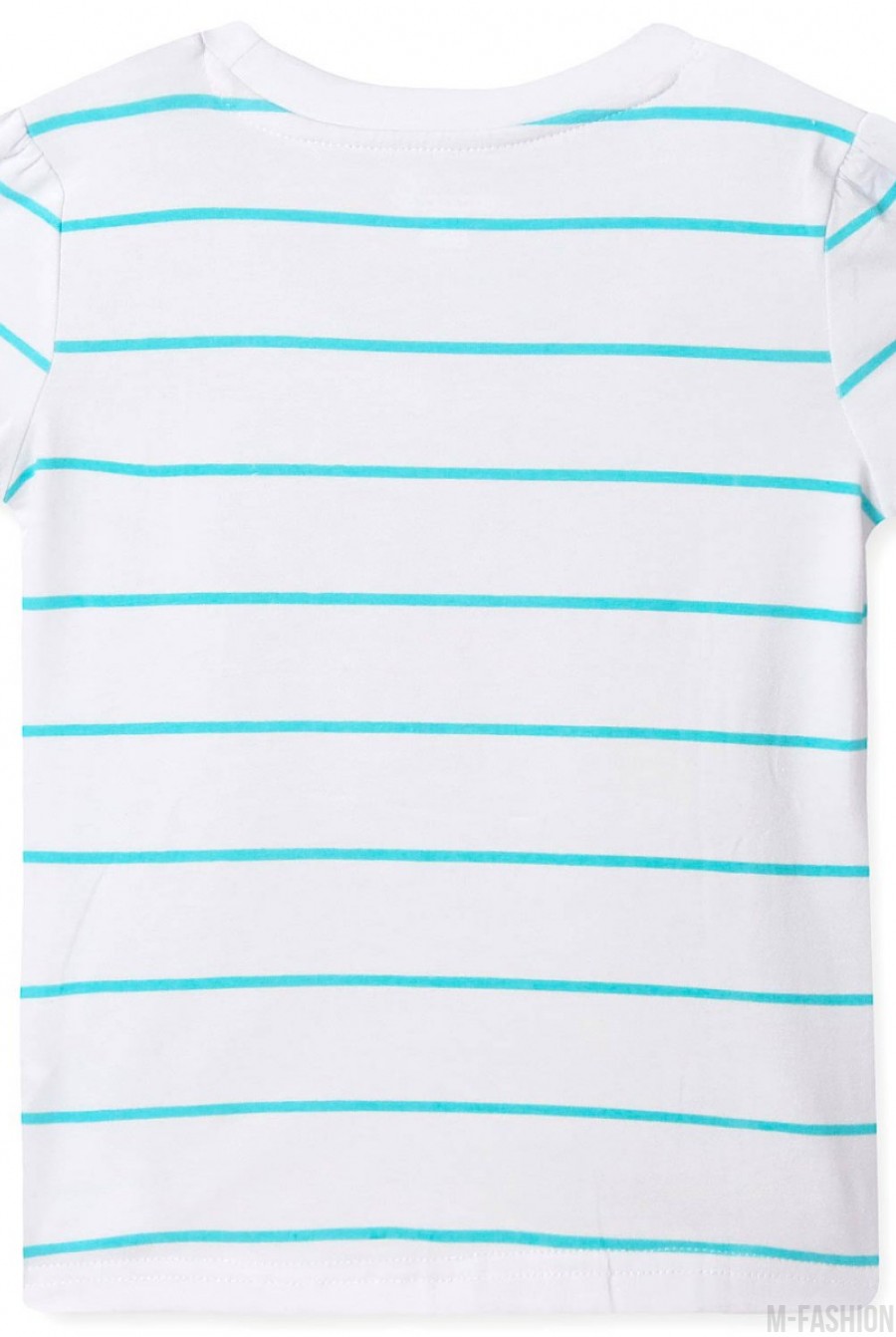 Белая котоновая футболка с аппликацией и голубыми полосками- Фото 3