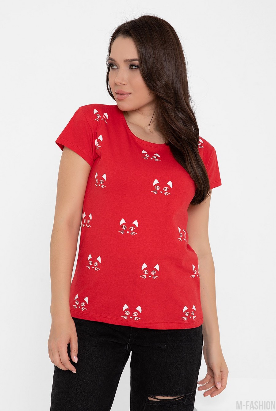 Красная трикотажная футболка с кошачьим принтом - Фото 1