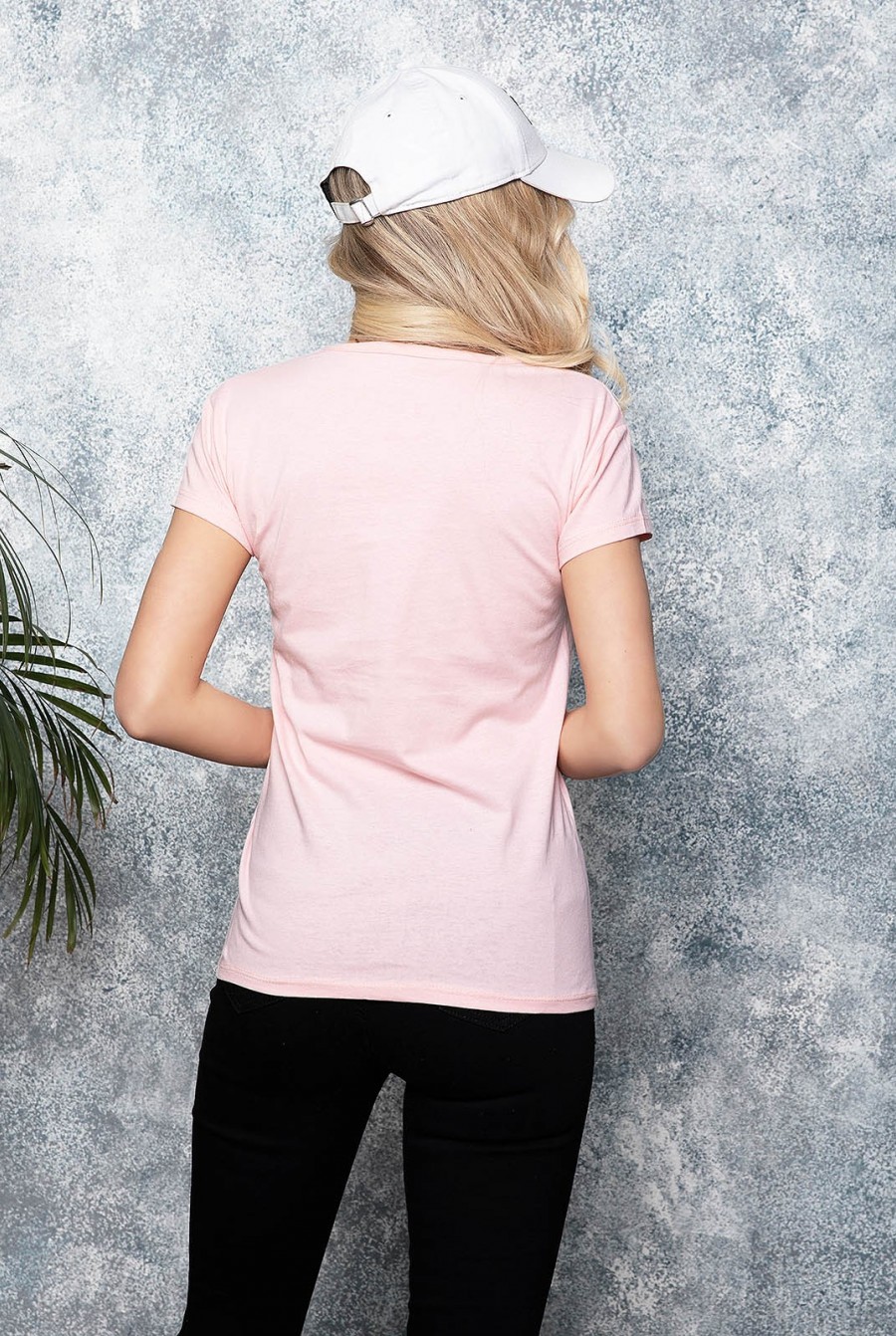 Розовая трикотажная футболка с лаконичным принтом- Фото 3