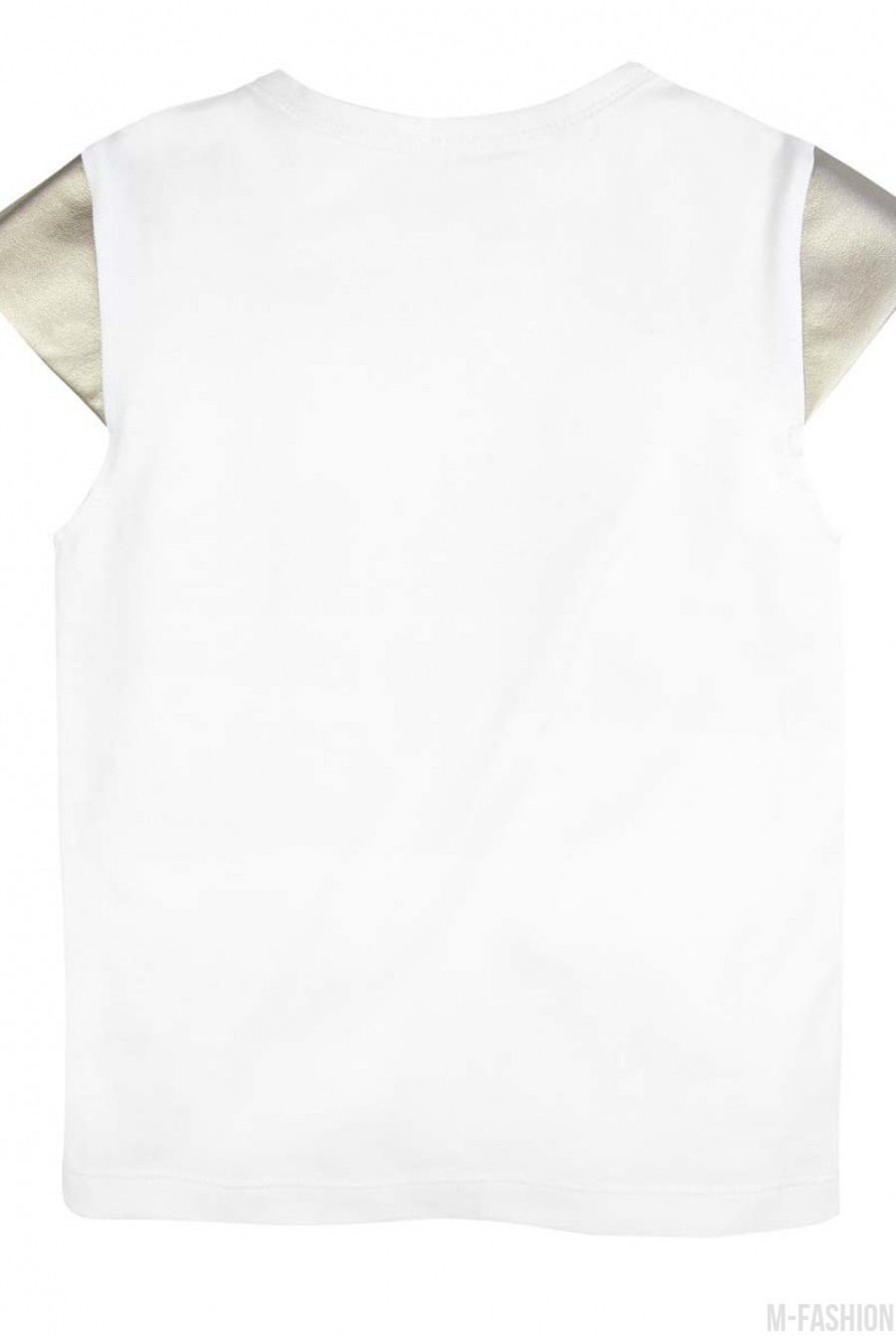 Белая трикотажная футболка с принтом и золотистыми короткими рукавами из эко-кожи- Фото 3