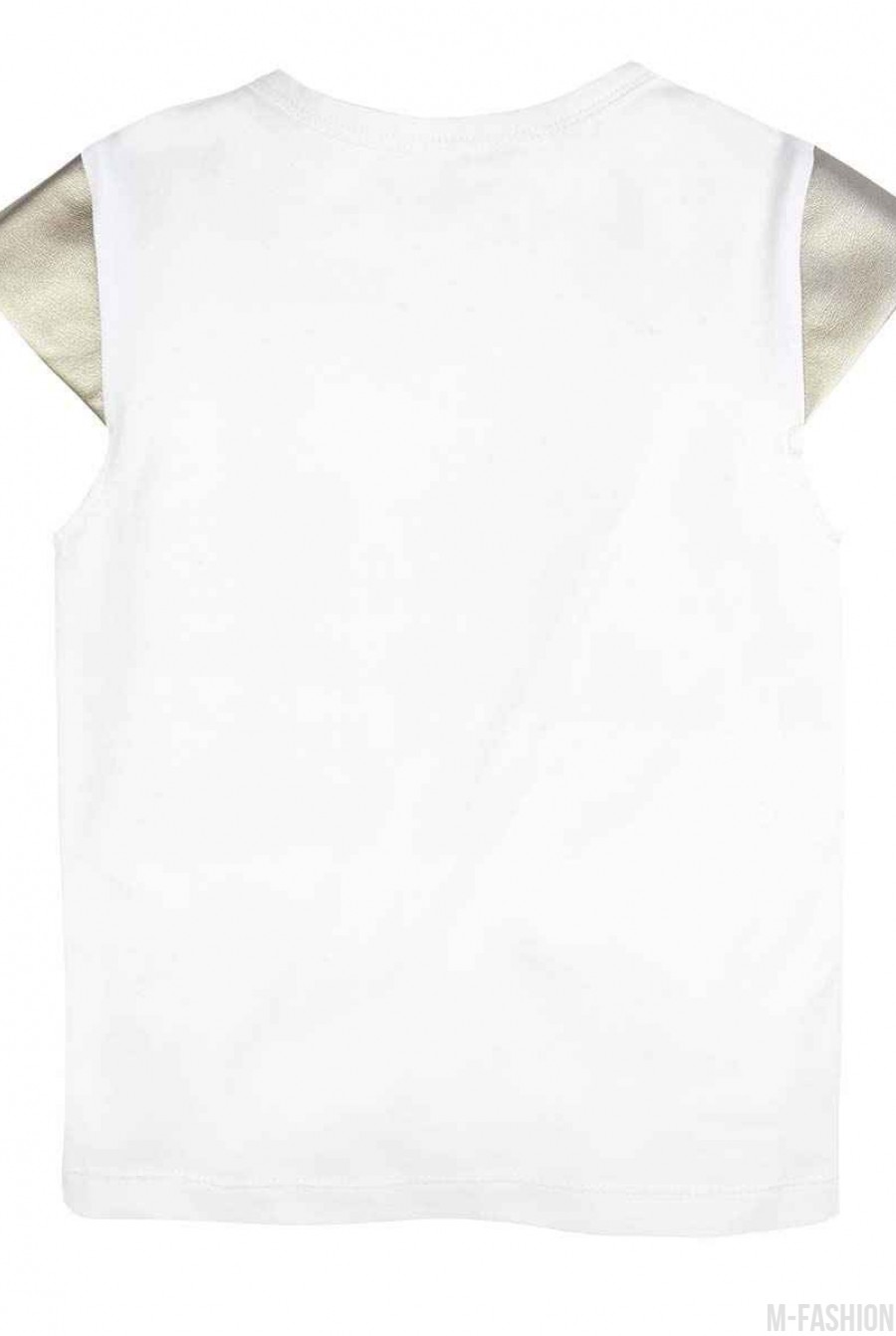 Трикотажная белая футболка с короткими золотистыми рукавами из эко-кожи и с возможностью индивидуальной печати цифры (1-4) на принте- Фото 5