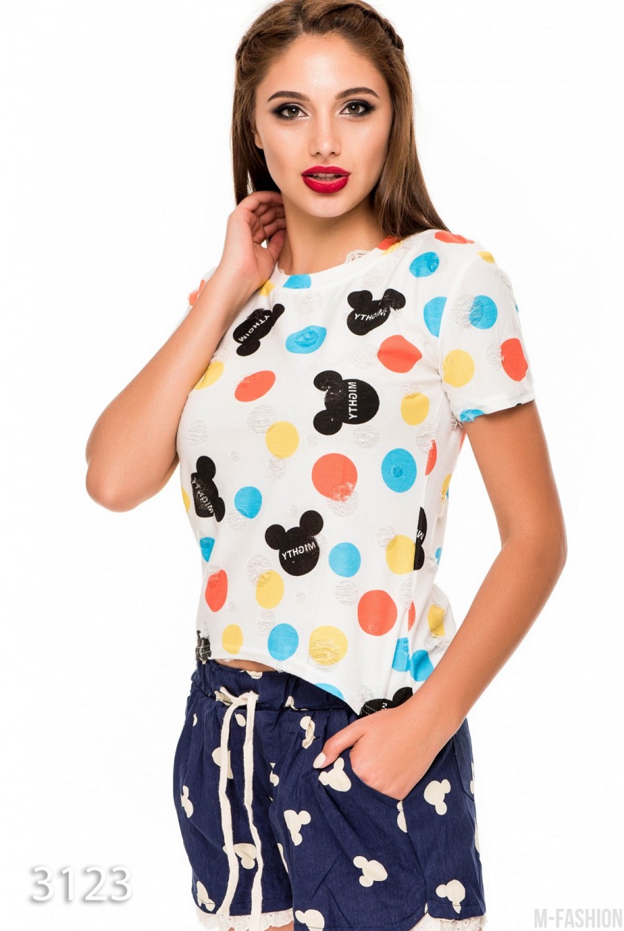 Трикотажная рваная футболка с цветными кругами- Фото 2