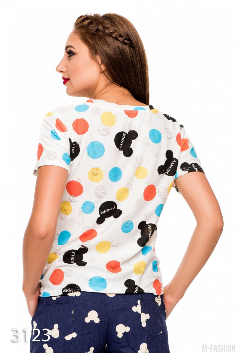Трикотажная рваная футболка с цветными кругами- Фото 3