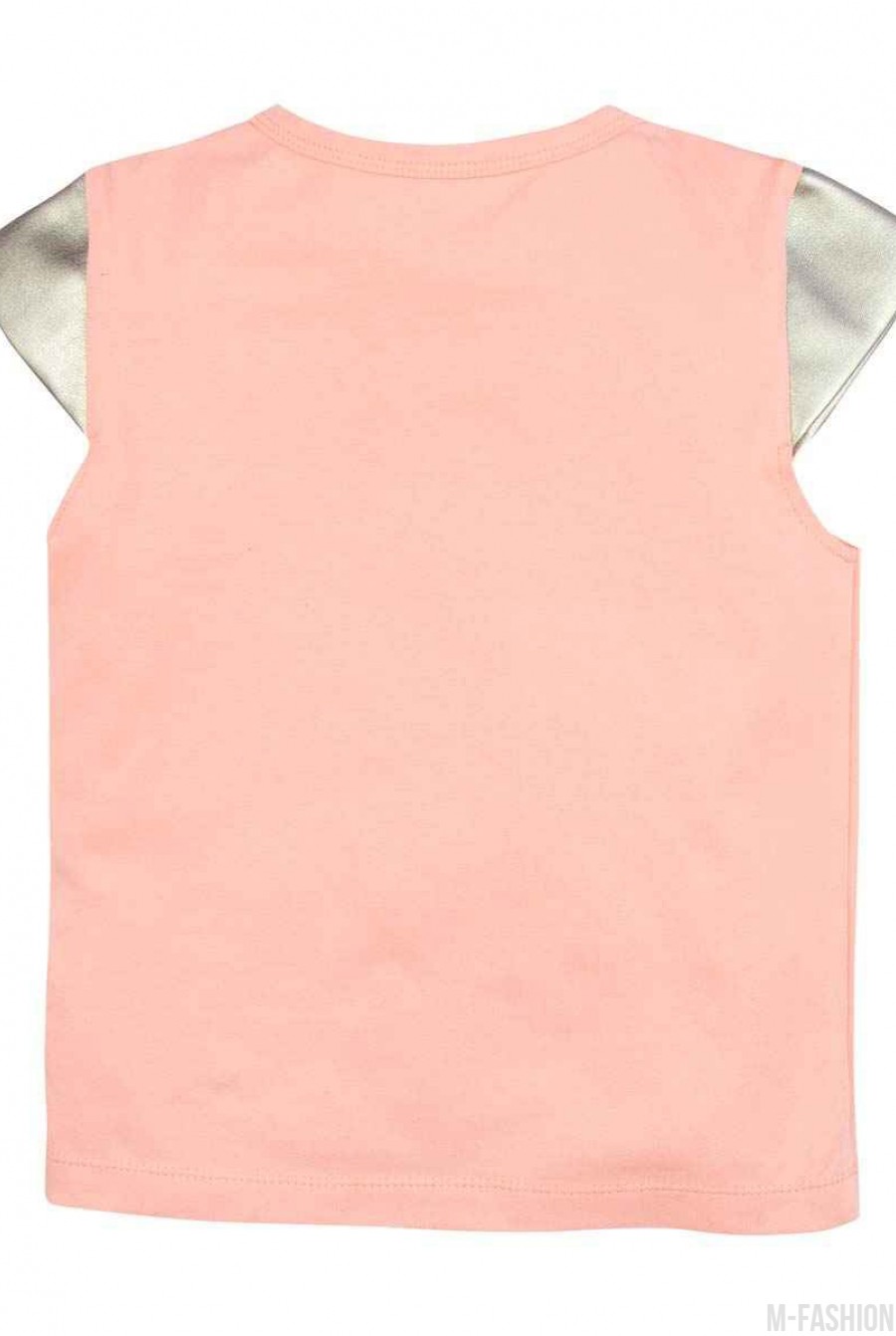 Персиковая трикотажная футболка с принтом и с короткими золотистыми рукавами из эко-кожи- Фото 3