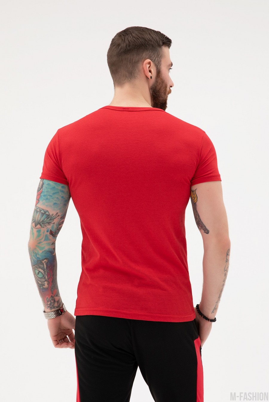 Красная хлопковая футболка с крупным принтом- Фото 3