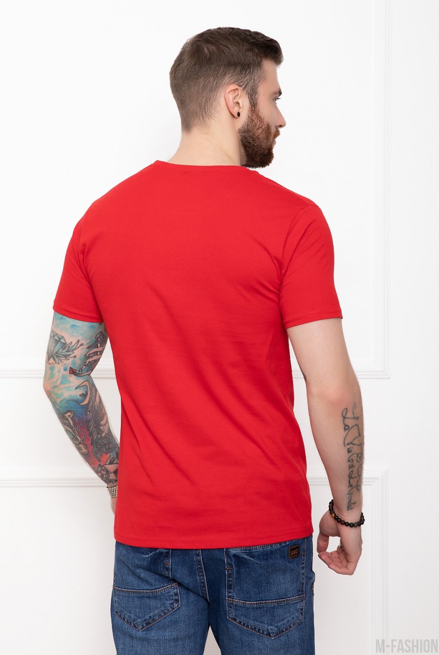 Хлопковая красная футболка с надписями- Фото 3